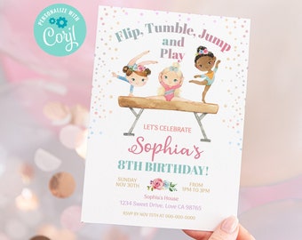 Gymnastic birthday invitation, Instant download, EDITABLE Rainbow girl Gymnastic Bithday Invite, Floral Gymnastic party printables - 99A