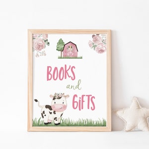Signe de livres et de cadeaux de fille de vache, décorations florales de baby shower de ferme, signes de baby shower de basse-cour de fille, imprimables de baby shower de fille de vache - 11A