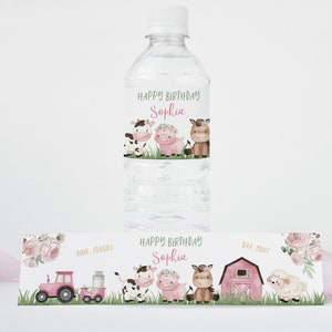 Étiquettes MODIFIABLES pour bouteilles d'eau à la ferme, imprimables roses pour fête à la ferme, décorations florales d'anniversaire à la ferme, étiquette de bouteille d'eau pour fille dans la basse-cour - 11A