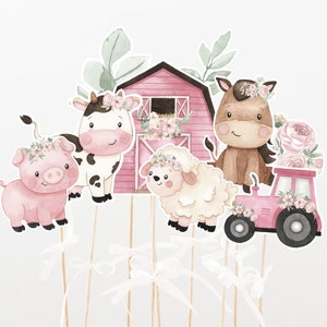 Girl Farm Centerpieces, Pink Farm party table decor, Farm girl birthday cake topper, Girl baby shower decorations, Barnyard printables - 11A
