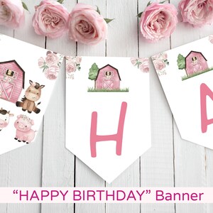Könnte beinhalten: Ein rosa-weißes Banner mit dem Wort "HAPPY BIRTHDAY" in rosa Buchstaben. Jeder Buchstabe befindet sich auf einer separaten Flagge mit einem rosa Stall und Bauernhoftieren auf einer Flagge.