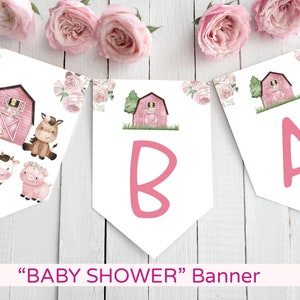 Pink Farm Baby Shower Banner, Floral farm animals baby shower, Baby girl shower decorations, Girl Barnyard baby shower printables - 11A