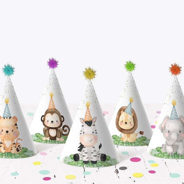 Safari party hats, Safari animals birthday decorations boy, Printable Kids birthday party hats, Jungle party decor, Instant Download - 35E