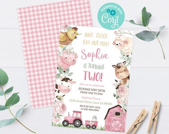 Girl Farm birthday invitation, Instant download, EDITABLE Floral Farm Animals Invite, Pink Barnyard party printables - 11A