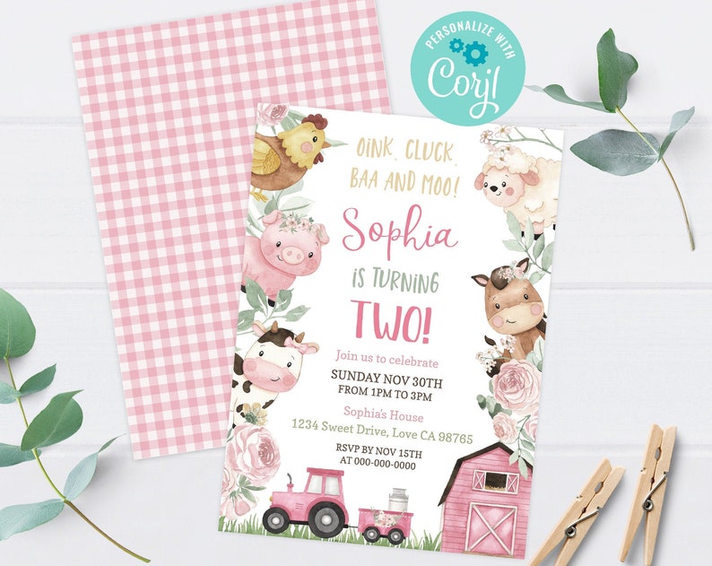 Girl Farm birthday invitation Instant download EDITABLE Floral Farm Animals Invite Pink Barnyard party printables 11A