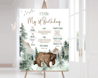 Plakat z kamieniem milowym niedźwiedzia, tablica z kamieniem milowym w lesie, dekoracje na pierwsze urodziny dziecka, znak z pierwszymi urodzinami w lesie Natychmiastowe pobranie - 47H