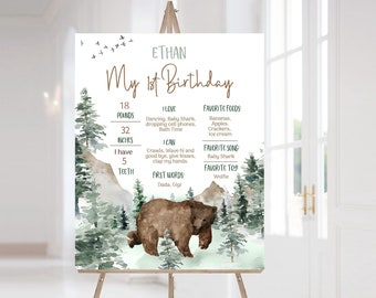 Bear Milestone Poster, Woodland milestone board, Baby 1st birthday decorations, Woodland first birthday sign Instant download - 47H