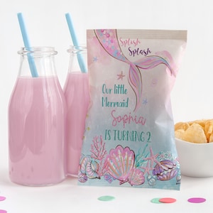 EDITABLE mermaid chip bag wrapper, Pink mermaid birthday decorations, Mermaid tail chip bag wrapper, Under the sea chip bag labels - 20G