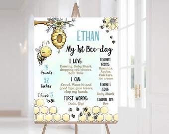 Bee Milestone Poster boy, Editable 1 year milestone board, First bee day decorations, Bee 1st birthday milestone sign, Instant download  61A