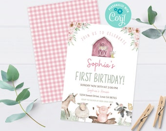 Farm girl birthday invitation, Girl first birthday, Floral farm 1st birthday invite, Girl Barnyard party, Instant download, EDITABLE - 11B