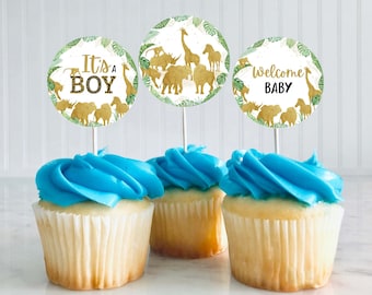 Safari It's a Boy cupcake toppers, Safri Baby Shower cupcake picks, Jungle theme party printables, It's a boy stickers, DIGITAL DOWNLOAD 35K