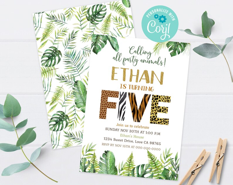 Safari 5th birthday invitation Calling all party animals invite Editable Jungle party invite Animal print Boy fifth birthday