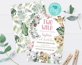 TWO Wild birthday girl invitation, Safari 2nd birthday invitation, Girl jungle party, EDITABLE Floral Safari second birthday invite - 35A