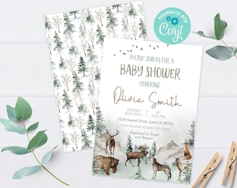 Woodland baby shower invitation, Forest animals baby shower invite, Instant download, Rustic wildlife mountains baby shower invites - 47H