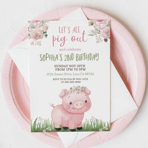 Pig Out Birthday Girl Invitation, Pig girl birthday party invitation, Pig Farm birthday invitation for girl, Piggy Birthday invitation - 81A