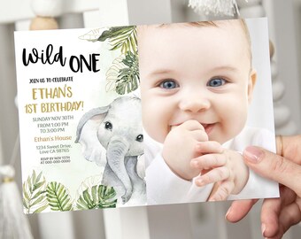 Wild One Elephant photo invitation, EDITABLE Safari birthday, Jungle party printable invitation, Elephant 1st Birthday invitation - 35A