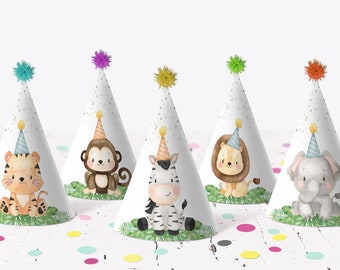 サファリパーティーハット、サファリ動物の男の子の誕生日デコレーション、印刷可能な子供の誕生日パーティーハット、ジャングルパーティーの装飾、即時ダウンロード - 35E