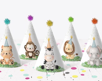 Safari Party Hüte, Safari Tiere Geburtstag Dekorationen Junge, Printable Kinder Geburtstag Party Hüte, Dschungel Party Dekor, Instant Download - 35E