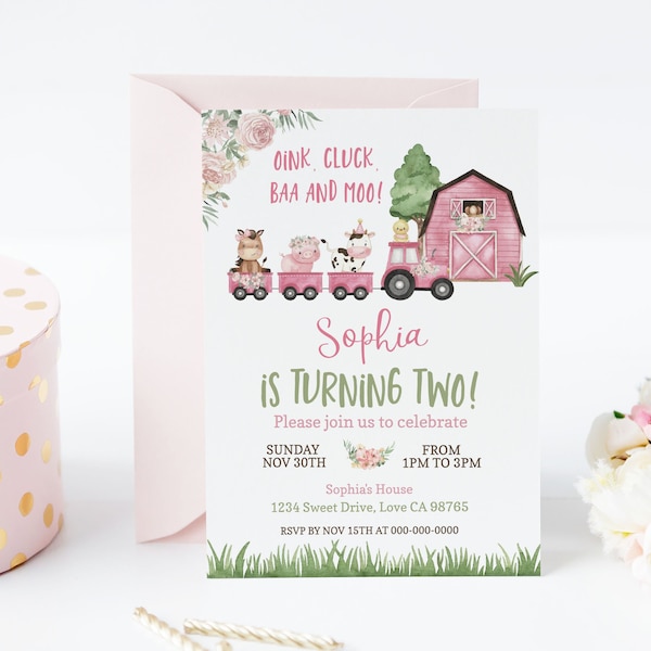 Girl Farm birthday invitation, Instant download, EDITABLE Floral Farm Animals Invite, Pink Barnyard party printables, Train party -  11A