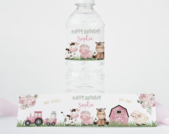 EDITABLE farm water bottle labels, Pink farm party printable, Floral farm birthday decorations, Girl barnyard bash water bottle label - 11A