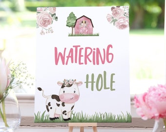 Watering Hole sign, Cow party sign, Drinks table signs, Girl Farm Birthday decor, Girl baby shower decoration, Pink barnyard party - 11A