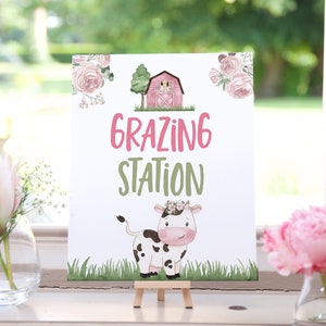 Grazing Station sign, Cow birthday decorations, Instant Download, Food table sign, Girl Farm baby shower decor, Pink barnyard bash - 11A