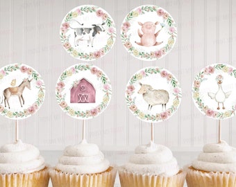 Farm cupcake toppers girl, Pink Farm birthday decor, Floral Farm animals baby shower decorations, Girl Barnyard bash party printables - 11B