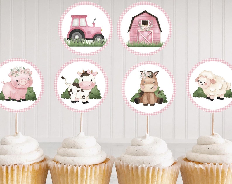 Pink Farm cupcake toppers Girl Farm birthday party decorations Floral Farm animals baby shower Girl Barnyard bash party
