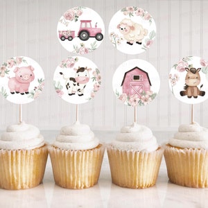 Girl Farm cupcake toppers, Pink Farm birthday party decorations, Floral Farm animals baby shower, Girl Barnyard bash party printables 11A image 1