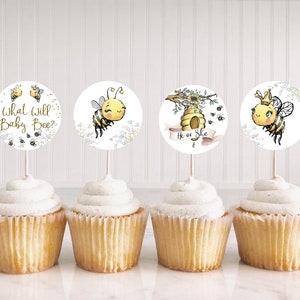 ¿Qué será Baby Bee Cupcake Toppers 2&quot;, selecciones de cupcakes Gender Reveal, Bumble bee He or She imprimibles - 61A