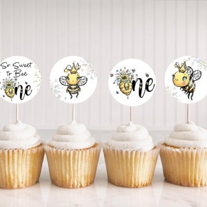 Bee cupcake toppers 2&quot;, 1st Birthday cupcake picks girl, Bumble bee theme party printables - 61A