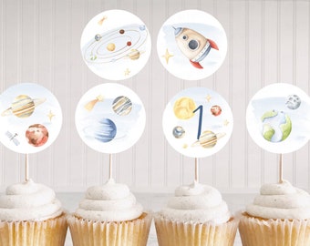 Space cupcake toppers printable, Outer Space 1st birthday decorations, First trip around the sun, Astronaut Galaxy Planets party decor - 39B