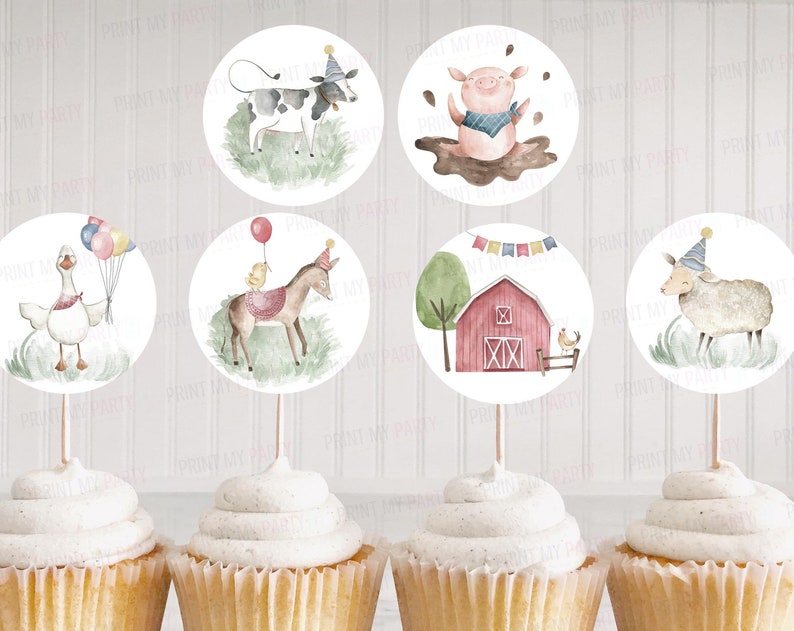 Farm cupcake toppers Farm birthday party decorations Farm animals party decor Barnyard bash birthday cupcake picks 11B