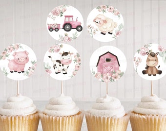 Girl Farm cupcake toppers, Pink Farm birthday party decorations, Floral Farm animals baby shower, Girl Barnyard bash party printables - 11A