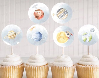 Space cupcake toppers printable, Outer space birthday, first trip around the sun, Galaxy baby shower decorations, Planets party decor - 39B