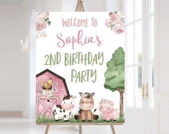 Girl Farm Welcome Sign, Instant download, Floral farm birthday decorations, Girl birthday party decor, Pink Barnyard party printables - 11A
