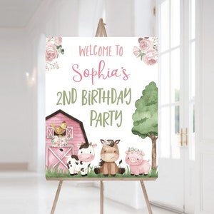 Girl Farm Welcome Sign, Instant download, Floral farm birthday decorations, Girl birthday party decor, Pink Barnyard party printables - 11A