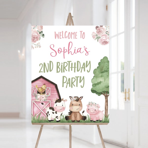 Girl Farm Welcome Sign, Instant download, Floral farm birthday decorations, Girl birthday party decor, Pink Barnyard party printables - 11A