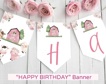 Girl Farm birthday banner, Farm Happy Birthday Banner, Pink farm birthday decorations, Girl Barnyard party printable, Birthday garland - 11A