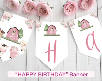 Girl Farm birthday banner, Farm Happy Birthday Banner, Pink farm birthday decorations, Girl Barnyard party printable, Birthday garland - 11A