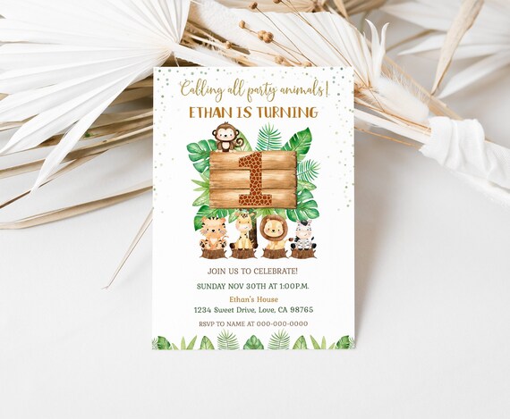 Safari Birthday invitation, Wild One birthday invitation, Jungle animals first birthday party invite, Boy 1st birthday theme - 35E Il_570xn