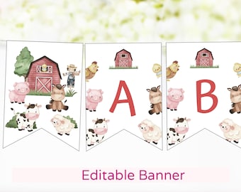 Editable Farm banner, Custom Farm Birthday Banner, Farm baby shower decorations, Barnyard party printable Alphabet, Custom Name banner - 11A