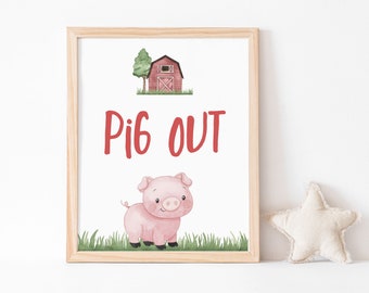 Pig out table sign, Farm pig sign, Farm animals birthday decoration, Farm party decor, Farm baby shower, Barnyard bash decorations - 11i