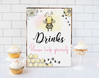 Signo de bebidas de abeja, decoraciones de fiesta de abeja, imprimibles de fiesta de cumpleaños de abejorro, decoración de mesa de baby shower de abeja - 61A