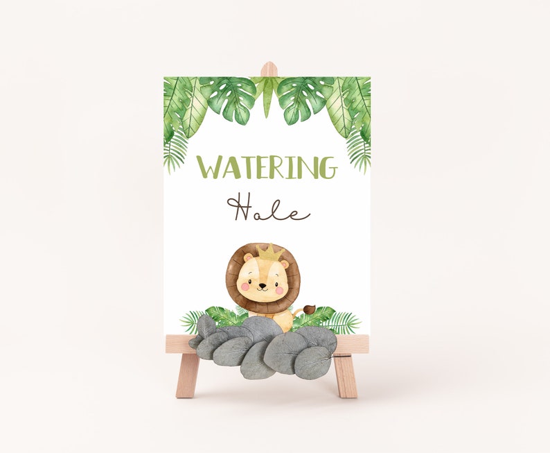 Watering Hole Sign, Drink table sign, Safari table sign, Safari birthday decorations, Jungle Animals Baby shower boy, Lion Baby Shower 35E image 3