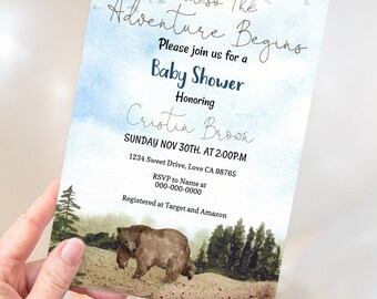 And so The Adventure Begins Editable Beer Boy Baby Shower Invitation, Digital baby shower invite, Custom Forest Printable invitations - 47H2
