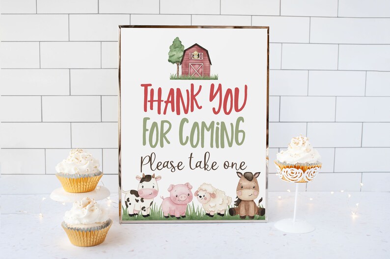 May include: A red and white barn with a green tree in front of it. The sign says "Thank You For Coming" and "Please take one". There are four farm animals below the text: a cow, a pig, a sheep, and a horse. The sign is on a white tiled background.