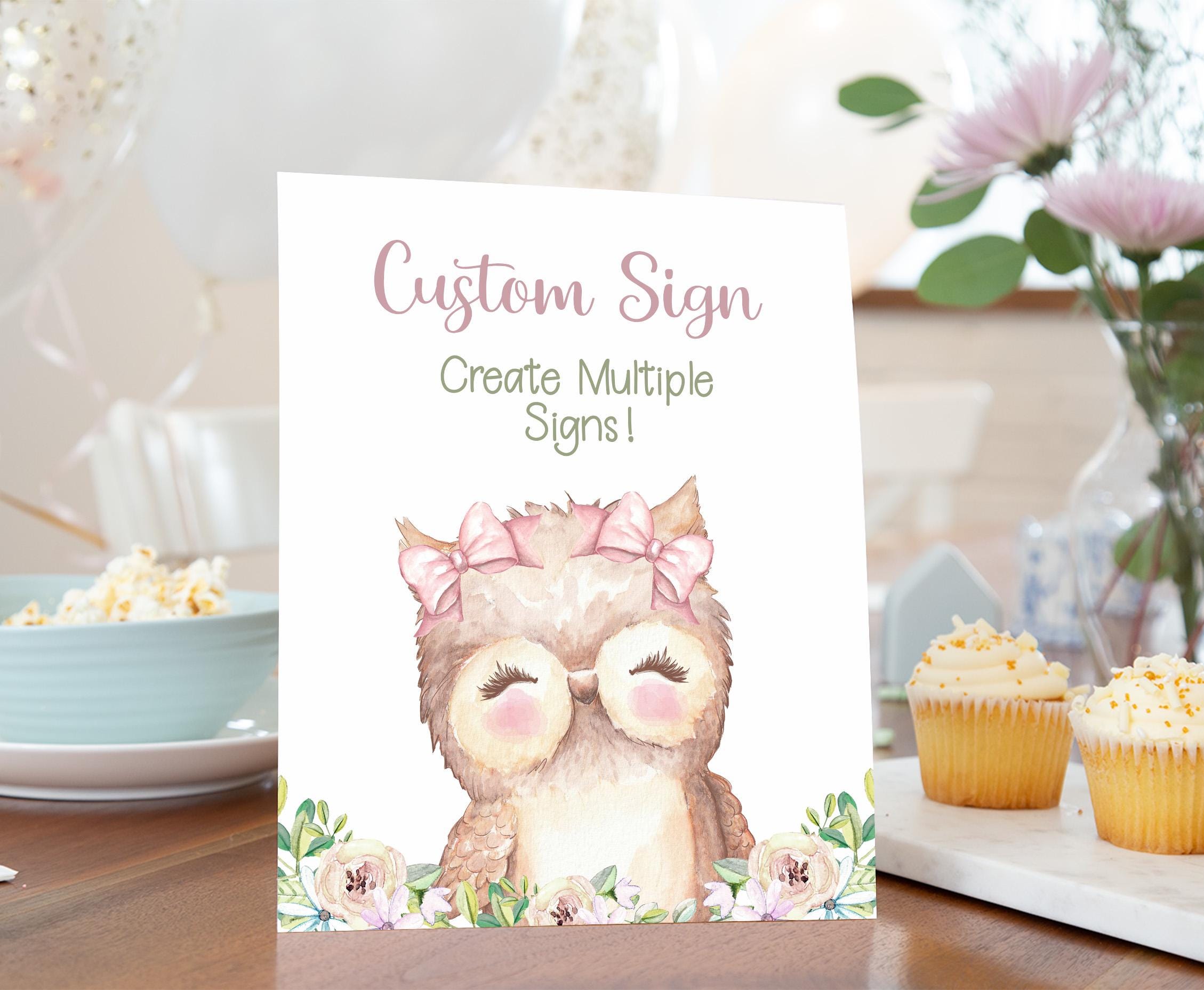 Editable Owl Table sign, Girl Owl Custom Sign, Floral Owl Table Sign, Owl birthday decorations, Owl 