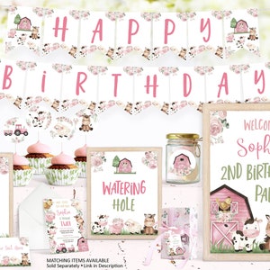 May include: A set of printable farm-themed party decorations for a second birthday. The decorations include a banner, welcome sign, cupcake toppers, water bottle labels, favor tags, and a sign for a pig-themed game. The decorations feature pink, green, and brown colors with watercolor illustrations of farm animals, a barn, and flowers.