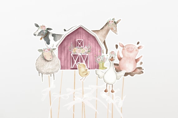 Girl Farm Centerpieces, Pink Farm party table decor, Farm girl birthday cake topper, Girl baby shower decorations, Barnyard printables - 11B Il_570xn